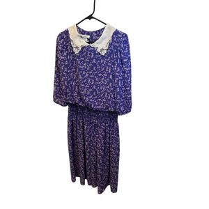 Vintage Alison Peters Blue Floral Print Collared Smocked Waist Dress Size‎ 8